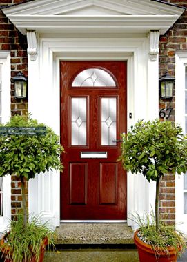 Composite front door replacement in classic rosewood